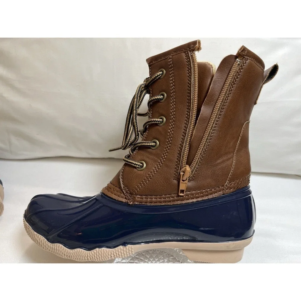 Highland Creek Kids Duck Boots Size 3‎ Brown/Navy Sherpa Lined Winter Rain Boots